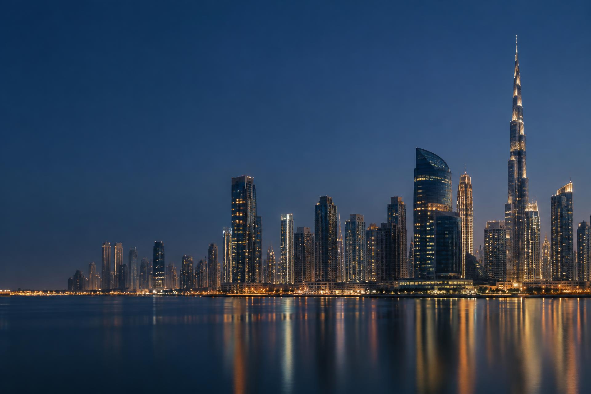 Dubai skyline across the water at blue hour
